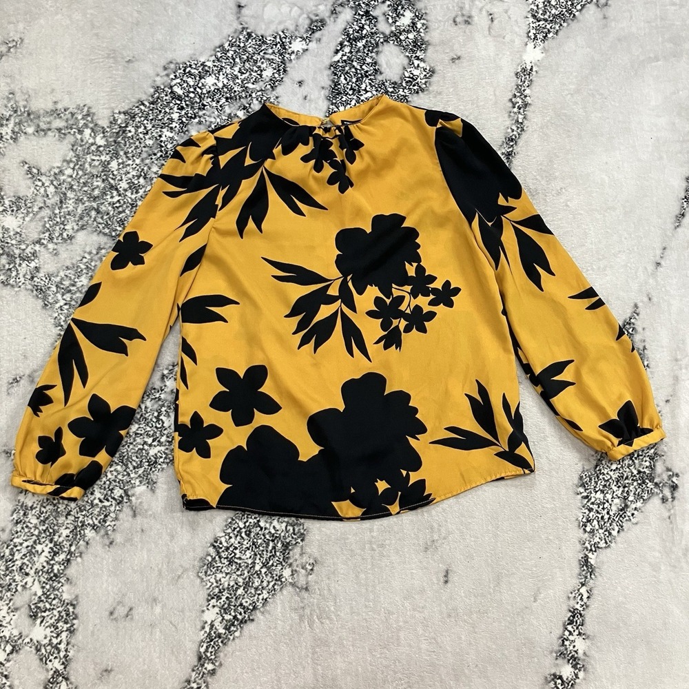 Who What Wear Yellow Black Floral Blouse Womens Size S Long Sleeve Mock Neck